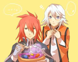 Rule 34 | 00s, 1boy, 1girl, blue eyes, blush, bodysuit, cape, carrot, coat, fish, food, gloves, kratos aurion, plaster, red eyes, red hair, raine sage, short hair, silver hair, sparkle, spoon, tales of (series), tales of symphonia, yellow background