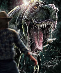 Rule 34 | 1boy, alan grant, artist name, blurry, blurry foreground, claws, colored sclera, copyright name, depth of field, dinosaur, drooling, hat, imomushi (pixiv 9001433), jurassic park, looking at another, open mouth, outdoors, pants, plaid, plaid shirt, rain, rexy (jurassic park), sharp teeth, shirt, size difference, solo focus, standing, teeth, tongue, twitter username, tyrannosaurus rex, water, wet, yellow eyes, yellow sclera