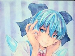 Rule 34 | 1girl, blue eyes, blue hair, bow, cirno, hair bow, hands on own cheeks, hands on own face, head tilt, ice, ice wings, light smile, lips, matching hair/eyes, painting (medium), photo (medium), portrait, short hair, solo, striped, striped background, touhou, traditional media, watercolor (medium), wings, yuyu (00365676)