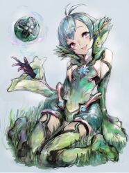 Rule 34 | 1boy, ahoge, bare shoulders, boots, closed mouth, drone, floren (xenoblade), full body, gloves, grass, green footwear, green gloves, green hair, green leotard, green sleeves, grey background, highres, leotard, looking at viewer, mogtachi, pink eyes, short hair, simple background, sitting, smile, solo, thigh boots, tongue, tongue out, traditional media, trap, wariza, xenoblade chronicles (series), xenoblade chronicles 2
