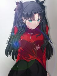 Rule 34 | 1girl, against wall, agitofox, aqua eyes, black hair, black ribbon, black thighhighs, blush, breasts, closed mouth, cross, fate/stay night, fate (series), green eyes, hair ribbon, highres, latin cross, lens flare, long hair, long sleeves, print sweater, red sweater, ribbon, shadow, signature, sitting, solo, sweater, thighhighs, tohsaka rin, two side up, v-shaped eyebrows