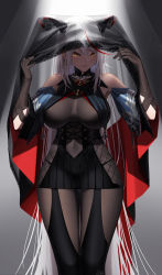 Rule 34 | 1girl, absurdly long hair, absurdres, aegir (azur lane), artist name, azur lane, bare shoulders, black dress, bodystocking, breast curtains, breasts, breasts apart, bridal gauntlets, capelet, clothing cutout, covered navel, cross, dress, earrings, hair between eyes, highres, horns, iron cross, jewelry, lace-trimmed capelet, lace trim, large breasts, light rays, long hair, looking at viewer, manzai sugar, multicolored hair, navel cutout, red hair, spotlight, streaked hair, thigh gap, two-tone cape, two-tone hair, underboob, underbust, veil, veil lift, very long hair, white hair, yellow eyes
