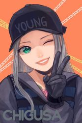 Rule 34 | 1girl, chigusa (fortnite), choker, fortnite, gloves, green eyes, grey jacket, hat, highres, jacket, long hair, looking at viewer, open mouth, silver hair, simple background, smile, solo, tattoo, toisan33, v, vest