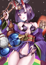 Rule 34 | 1girl, absurdres, bare shoulders, blush, bob cut, breasts, collarbone, eyeliner, fate/grand order, fate (series), gourd, headpiece, highres, horns, japanese clothes, kimono, koizumo, lantern, long sleeves, looking at viewer, makeup, navel, obi, oni, open mouth, paper lantern, purple eyes, purple hair, purple kimono, revealing clothes, sash, short hair, short kimono, shuten douji (fate), skin-covered horns, small breasts, smile, solo, sword, thighs, weapon, wide sleeves