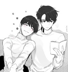 Rule 34 | ..., 2boys, ^ ^, absurdres, animal, animal on shoulder, blush, book, closed eyes, closed eyes, flower (symbol), greyscale, hamster, head on another&#039;s shoulder, highres, lee seung-gil, male focus, monochrome, multiple boys, phichit chulanont, reading, smile, spoken ellipsis, spot color, sweater, torisan (rinlen1827), turtleneck, turtleneck sweater, twitter username, yaoi, yuri!!! on ice