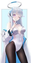 Rule 34 | 1girl, alternate costume, bare shoulders, black pantyhose, blue archive, breasts, cleavage, closed mouth, contrapposto, covered navel, cowboy shot, dano, detached collar, finger to mouth, halo, hand up, headgear, heart, highleg, highleg leotard, highres, index finger raised, jacket, leotard, long hair, long sleeves, looking at viewer, medium breasts, noa (blue archive), off shoulder, one eye closed, open clothes, open jacket, pantyhose, playboy bunny, purple eyes, shushing, smile, solo, standing, strapless, strapless leotard, very long hair, white hair, white jacket, white leotard