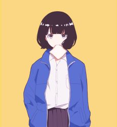 Rule 34 | 1girl, ame (amemgmgmg), bad id, bad pixiv id, black hair, blue jacket, bread, breast pocket, collared shirt, cowboy shot, food, hand in pocket, jacket, long sleeves, looking at viewer, mouth hold, original, pleated skirt, pocket, purple skirt, shirt, short hair, simple background, skirt, solo, standing, white shirt, yellow background