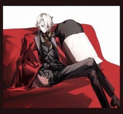 Rule 34 | 1boy, alternate hairstyle, arjuna (fate), bishounen, black gloves, blanket, blue eyes, character doll, character pillow, couch, earrings, fate/apocrypha, fate/grand order, fate (series), film grain, formal, gloves, jewelry, karna (fate), karna (formal dress) (fate), maka (mksrw), male focus, mochimochi mascot, single earring, sitting, solo, white hair