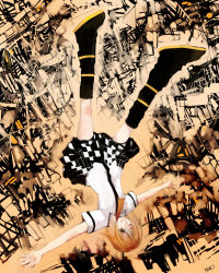 Rule 34 | 1girl, bad id, bad pixiv id, blonde hair, falling, kagamine rin, nobusnow, outstretched arms, solo, spread arms, tiger rampage (vocaloid), upside-down, vocaloid