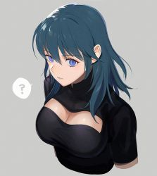 Rule 34 | 1girl, ?, blue eyes, blue hair, breasts, byleth (female) (fire emblem), byleth (fire emblem), cleavage, closed mouth, fire emblem, fire emblem: three houses, grey background, kyufe, large breasts, looking at viewer, medium breasts, medium hair, nintendo, short sleeves, simple background, solo, spoken question mark, upper body