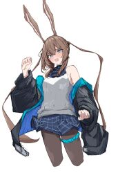 Rule 34 | 1girl, absurdres, amiya (arknights), animal ears, arknights, armpit crease, ascot, bare shoulders, black collar, black jacket, blue ascot, blue eyes, blue skirt, blush, breasts, brown hair, brown pantyhose, collar, commentary, cowboy shot, cropped legs, fang, floating hair, flustered, hair between eyes, hand up, highres, infection monitor (arknights), jacket, long hair, long sleeves, looking at viewer, medium breasts, miniskirt, off shoulder, open clothes, open jacket, open mouth, pantyhose, plaid, plaid skirt, puffy long sleeves, puffy sleeves, rabbit ears, rabbit girl, ribbed sweater, shadow, sidelocks, simple background, skirt, sleeveless, sleeveless sweater, solo, standing, sweater, thighlet, tobildesu, twintails, two-sided fabric, two-sided jacket, very long hair, white background, white sweater, wide sleeves