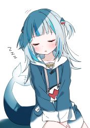 Rule 34 | 1girl, bad id, bad twitter id, blue hair, blue jacket, closed eyes, facing viewer, fins, fish tail, gawr gura, gawr gura (1st costume), h (eitilog), hair ornament, highres, hololive, hololive english, hood, hood down, hooded jacket, jacket, long sleeves, motion lines, multicolored hair, parted lips, shark girl, shark tail, simple background, sleeping, solo, streaked hair, tail, two side up, v arms, virtual youtuber, white background, zzz