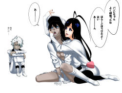 Rule 34 | 1girl, 2boys, absurdres, androgynous, antenna hair, bambietta basterbine, black hair, bleach, bleach: sennen kessen-hen, blood, blue eyes, boots, breasts, cleavage, colored skin, constricted pupils, drooling, giselle gewelle, gloves, green eyes, grey skin, hand on another&#039;s face, hat, highres, hirotaka, hitsugaya toushirou, long hair, multiple boys, no bra, open mouth, peaked cap, quincy (bleach), saliva, sitting, sleeves past wrists, torn clothes, translation request, trap, uniform, white gloves, white hair, white headwear, zombie