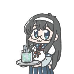 Rule 34 | 1girl, :3, blue eyes, blue skirt, commentary request, cowboy shot, dress, drink, drinking straw, ferret-san, fish, glasses, hairband, kantai collection, layered sleeves, long hair, long sleeves, necktie, ooyodo (kancolle), pleated dress, red necktie, school uniform, serafuku, short over long sleeves, short sleeves, simple background, skirt, solo, white background, white hairband