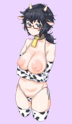 Rule 34 | 1girl, animal ears, animal print, arms under breasts, bad id, bad twitter id, bikini, black hair, blue eyes, bra, bra pull, breast hold, breasts, cleavage, clothes pull, cow ears, cow girl, cow horns, cowbell, girls und panzer, glasses, highres, horns, kuppipi ramutarou, large breasts, looking at viewer, messy hair, navel, neck bell, nipples, oryou (girls und panzer), short ponytail, solo, swimsuit, underwear