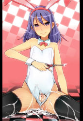 Rule 34 | 1boy, 1futa, androgynous, animal ears, bad id, bad pixiv id, blush, censored, checkered background, checkered floor, closed mouth, covered erect nipples, crossdressing, cum, detached collar, ejaculation, erection, extra penises, fake animal ears, fishnet pantyhose, fishnets, flat chest, floor, foreskin, futanari, glint, handsfree ejaculation, head tilt, latex, leotard, looking at viewer, nakasone haiji, nose, original, pantyhose, penis, perspective, phimosis, pillarboxed, pink background, playboy bunny, pointless censoring, rabbit ears, scissors, sitting, skindentation, smile, solo, spread legs, thighhighs, unmoving pattern, wrist cuffs