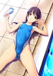 Rule 34 | 1girl, arena (company), black hair, breasts, brown eyes, competition swimsuit, covered erect nipples, covered navel, from above, goggles, unworn goggles, highres, long hair, lying, norizou type-r, one-piece swimsuit, original, pool, poolside, purple hair, skin tight, small breasts, solo, swimsuit, tiles, water, wet