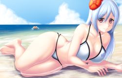 Rule 34 | 1girl, arm support, barefoot, beach, bikini, blue hair, breasts, cake, cleavage, curvy, day, female focus, finalcake, flower, food, hair flower, hair ornament, large breasts, lips, long hair, looking at viewer, lying, ocean, on side, original, outdoors, red eyes, smile, solo, swimsuit, thick thighs, thighs, water, wet, wide hips