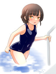 Rule 34 | blue one-piece swimsuit, blunt bangs, braid, breasts, brown eyes, brown hair, cowboy shot, double bun, hair bun, kantai collection, long hair, one-hour drawing challenge, one-piece swimsuit, pool ladder, ray.s, school swimsuit, small breasts, swimsuit, twin braids, un&#039;you (kancolle), wet, wet clothes, wet swimsuit, yawata maru (kancolle)