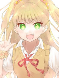 Rule 34 | 1girl, blonde hair, bracelet, collared shirt, dress shirt, fangs, green eyes, hair ornament, hatami (zyuden), highres, idolmaster, idolmaster cinderella girls, jewelry, jougasaki rika, long hair, looking at viewer, neck ribbon, open mouth, red ribbon, ribbon, school uniform, shirt, short sleeves, solo, sweater vest, twintails, two side up, upper body, very long hair, vest, white shirt, wing collar, yellow vest
