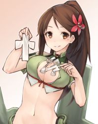 Rule 34 | 10s, 1girl, amagi (kancolle), breasts, brown eyes, brown hair, cleavage cutout, clothing cutout, crop top, female focus, flower, hair flower, hair ornament, kantai collection, large breasts, long hair, looking at viewer, machinery, midriff, mole, mole under eye, navel, nazunakku, ponytail, smile, solo, upper body