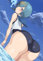 Rule 34 | 1girl, ?, ass, bad id, bad pixiv id, bare arms, blue eyes, blue hair, blue sky, blush, cloud, creatures (company), day, from behind, game freak, huge ass, kanno (user tgnd4488), lana (pokemon), leaning forward, looking back, nintendo, one-piece swimsuit, outdoors, parted lips, partially submerged, pokemon, pokemon sm, short hair, sky, solo, sweater vest, swimsuit, swimsuit under clothes, trial captain, wading, water