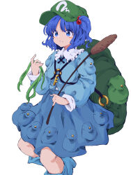 Rule 34 | 1girl, absurdres, backpack, bag, blue eyes, blue hair, blush stickers, boots, cattail, commentary request, flat cap, frilled shirt collar, frills, green hat, hair bobbles, hair ornament, hat, highres, kawashiro nitori, key, mugi (mugimugi 9kv), plant, pocket, skirt, skirt set, smile, solo, touhou, two side up, white background