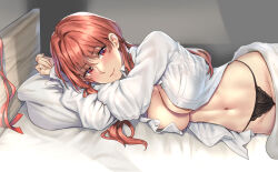 Rule 34 | 1girl, bed sheet, black panties, blush, breasts, closed mouth, collared shirt, groin, kantai collection, kokuzou, large breasts, long hair, long sleeves, looking at viewer, lying, navel, nevada (kancolle), on side, open clothes, open shirt, panties, pillow, red eyes, red hair, shirt, smile, solo, underwear, white shirt