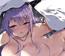 Rule 34 | 1girl, arknights, bare shoulders, black horns, blush, breasts, collarbone, commentary request, completely nude, convenient censoring, fake horns, horns, kyuu (plastic night q), large breasts, long hair, looking at viewer, navel, nude, open mouth, paid reward available, purple hair, red eyes, solo, steaming body, stomach, sweat, typhon (arknights), under covers, wavy hair