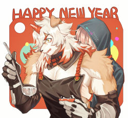 Rule 34 | 1boy, 1girl, animal ears, apron, arknights, bare shoulders, black apron, brown fur, cooking, doctor (arknights), dog boy, dog ears, female doctor (arknights), furry, furry male, furry with non-furry, grabbing, hand under clothes, happy new year, hetero, highres, horns, hung (arknights), interspecies, lalatia-meai, large pectorals, medium hair, multicolored hair, muscular, muscular male, naked apron, new year, orange eyes, orange hair, pectoral cleavage, pectoral grab, pectorals, single horn, streaked hair, two-tone fur, white fur, white hair, wide-eyed
