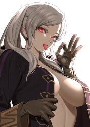 Rule 34 | 1girl, braid, breasts, cleavage, coat, fellatio gesture, fire emblem, fire emblem awakening, french braid, from side, gesture, gloves, glowing, glowing eyes, grima (fire emblem), highres, hood, hood down, hooded robe, jacket, large breasts, long hair, looking at viewer, naked coat, naughty face, nintendo, open clothes, open robe, parted bangs, rasupekuto, red eyes, robe, robin (female) (fire emblem), robin (fire emblem), seductive smile, sidelocks, smile, solo, suggestive, suggestive gesture, suggestive look, tongue, twintails, unbuttoned, upper body, white background, white hair