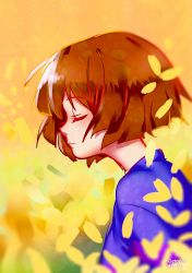 Rule 34 | 10s, 2016, androgynous, artist name, blue shirt, brown hair, dated, closed eyes, flower, frisk (undertale), from side, gender request, highres, light smile, octopus663, petals, plant, profile, shirt, solo, undertale, upper body, wind, yellow background