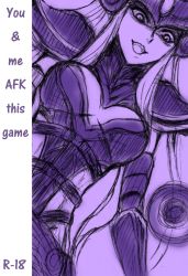 Rule 34 | 1girl, armor, breasts, cleavage, ear protection, english text, forehead protector, helmet, league of legends, long hair, monochrome, purple theme, syndra, wocami