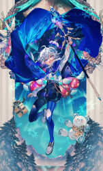 Rule 34 | 1boy, absurdres, ahoge, arm up, aurora, belt, blue belt, blue cape, blue nails, brown scarf, cape, clothing request, commentary, crown, english commentary, fang, floating cape, full body, gift, highres, holding, holding staff, long sleeves, looking at viewer, male focus, mountain, multicolored eyes, mura karuki, night, night sky, open mouth, original, pink eyes, purple eyes, scarf, short hair, skin fang, sky, solo, staff, star (sky), starry sky, stuffed animal, stuffed toy, teddy bear, tree, white footwear, white hair