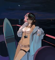 Rule 34 | 1girl, absurdres, arknights, bare shoulders, bikini, black eyes, black hair, chinese commentary, commentary request, cowboy shot, goggles, goggles on head, grey jacket, hair between eyes, highres, jacket, la pluma (arknights), la pluma (summer flowers) (arknights), looking at viewer, navel, night, night sky, off shoulder, open clothes, open jacket, outdoors, parted lips, pe902, short hair, sky, solo, standing, stomach, surfboard, swimsuit, thigh strap, thighs, white bikini