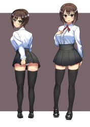 Rule 34 | 10s, 1girl, black footwear, black thighhighs, blush, breasts, brown eyes, brown hair, commentary, dress shirt, embarrassed, from behind, full body, girls und panzer, grey background, highres, hikyakuashibi, light frown, loafers, long sleeves, looking at viewer, looking back, meme attire, miniskirt, multiple views, nishizumi maho, outside border, panties, pantyshot, parted lips, pleated skirt, red ribbon, ribbon, shirt, shoes, short hair, skirt, skirt tug, standing, thighhighs, thighs, underwear, virgin killer outfit, white panties, white shirt
