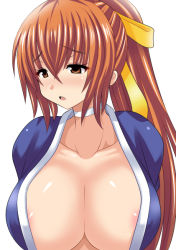 Rule 34 | 1girl, areola slip, blush, breasts, brown hair, cleavage, dead or alive, kasumi (doa), konno tohiro, large breasts, ponytail, solo, tecmo