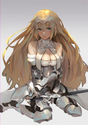 Rule 34 | 1girl, absurdres, armor, bare shoulders, blonde hair, blue eyes, breasts, chain, cleavage, closed mouth, fate/apocrypha, fate (series), faulds, gauntlets, gradient background, greaves, grey background, headpiece, highres, jeanne d&#039;arc (fate), jeanne d&#039;arc (ruler) (fate), jeanne d&#039;arc (third ascension) (fate), large breasts, lips, long hair, looking at viewer, sheath, sheathed, sidelocks, sitting, smile, solo, sword, toriumi harumi, very long hair, wariza, weapon