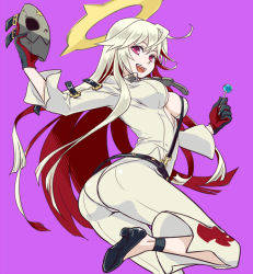 Rule 34 | 1girl, :d, ahoge, albino, ankh, arm strap, ass, bell-bottoms, belt, belt skirt, black gloves, bodysuit, breasts, candy, center opening, cleavage, spiked halo, female focus, food, from side, gloves, guilty gear, guilty gear xrd, guilty gear xrd: revelator, halo, high heels, holding, jack-o&#039; valentine, large breasts, leg lift, lollipop, long hair, looking at viewer, looking back, mask, unworn mask, multicolored hair, open mouth, pants, pink background, pink eyes, purple background, red gloves, red hair, shinzou, shoes, side slit, sideboob, simple background, smile, solo, strap, studded belt, twisted torso, two-tone hair, unzipped, very long hair, white hair, wide sleeves