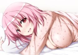 Rule 34 | 1girl, :d, bed sheet, blanket, blush, breasts, cleavage, eyebrows, large breasts, lips, long sleeves, nori tamago, nose blush, hugging object, open mouth, pajamas, pillow, pillow hug, pink eyes, pink hair, saigyouji yuyuko, smile, solo, star (symbol), star print, touhou, under covers, upper body