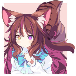 Rule 34 | 1girl, animal ear fluff, animal ears, blue bow, bow, brown background, brown hair, commission, daidai ookami, hand up, heterochromia, highres, long hair, long sleeves, multicolored hair, original, pink hair, puffy long sleeves, puffy sleeves, purple eyes, shirt, skeb commission, solo, streaked hair, striped tail, tail, two-tone background, upper body, very long hair, white background, white shirt, yellow eyes