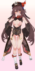 Rule 34 | 1girl, :d, absurdres, black hat, blush, breasts, brown hair, censored, detached collar, detached sleeves, flower, flower-shaped pupils, genshin impact, gluteal fold, hair between eyes, hat, hat flower, heart, heart censor, highres, hu tao (genshin impact), jewelry, long hair, long sleeves, looking at viewer, medium breasts, nipples, open mouth, pussy juice, red eyes, shoes, smile, socks, solo, symbol-shaped pupils, tassel, thighs, twintails, waterring