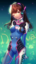 Rule 34 | 1girl, animal print, arms behind back, backlighting, blue background, bodysuit, breasts, brown hair, character name, clothes writing, cowboy shot, d.va (overwatch), facepaint, facial mark, fuji minako, glint, gradient background, green background, headphones, high collar, highres, light particles, long hair, looking at viewer, medium breasts, one eye closed, overwatch, overwatch 1, parted lips, pilot suit, rabbit print, ribbed bodysuit, shiny clothes, shoulder pads, skin tight, smile, solo, swept bangs, whisker markings