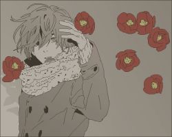 Rule 34 | 1boy, camellia, commentary request, flower, grey background, grey jacket, hand up, jacket, kai (dweep), long sleeves, male focus, open mouth, original, red flower, scarf, sepia, short hair, simple background, upper body