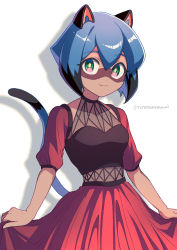 Rule 34 | 1girl, :3, absurdres, alternate costume, animal ears, animal nose, blue hair, body fur, brand new animal, brown fur, closed mouth, clothes lift, dress, dress lift, furry, furry female, green eyes, highres, kagemori michiru, lifted by self, looking at viewer, multicolored eyes, pink eyes, raccoon ears, raccoon girl, raccoon tail, red dress, see-through, short hair, simple background, tail, tanuki, totemonemuuui, white background