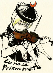 Rule 34 | 1girl, black dress, blonde hair, crescent, dress, female focus, hat, head tilt, instrument, long sleeves, looking at viewer, lunasa prismriver, music, playing instrument, short hair, shou shishi, simple background, solo, touhou, violin, yellow background, yellow eyes