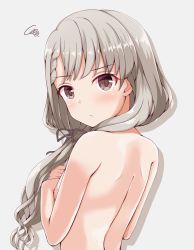 Rule 34 | 1girl, bad id, bad pixiv id, bare back, bareback, braid, braided bangs, breasts, brown eyes, commentary request, covering privates, covering breasts, from behind, grey background, highres, hisakawa nagi, idolmaster, idolmaster cinderella girls, long hair, looking back, low twintails, naruse nagi, nipple slip, nipples, silver hair, simple background, small breasts, solo, topless, twintails, upper body