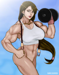 Rule 34 | 1990s (style), 1girl, abs, artist name, backlighting, blue sky, bottomless, breasts, brown eyes, brown hair, collaboration, crop top, day, djok3, earrings, elee0228, female focus, final fantasy, final fantasy vii, gloves, highres, jewelry, large breasts, lips, long hair, looking to the side, muscular, muscular female, navel, nose, red gloves, red lips, retro artstyle, scrunchie, shirt, single glove, sky, solo, sunlight, suspenders, tank top, thighs, tifa lockhart, very long hair, weights, white shirt