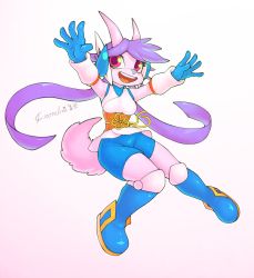 Rule 34 | 1girl, absurdres, armpits, arms up, artist name, blue footwear, blue gloves, blush, boots, breasts, crombie, dated, dragon girl, dragon horns, freedom planet, freedom planet 2, full body, furry, furry female, galaxytrail, gloves, headgear, heart, highres, horns, jumping, jumpsuit, knees together feet apart, long hair, looking to the side, medium breasts, open mouth, pink eyes, purple hair, sash, sash lilac, shirt, short jumpsuit, signature, simple background, sleeveless, sleeveless shirt, smile, solo, tail, teeth, text focus, twintails, white background, white shirt