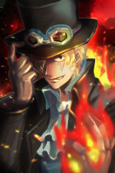 Rule 34 | 1boy, blonde hair, fire, gloves, goggles, goggles on headwear, hair over one eye, hat, highres, magic, male focus, one piece, sabo (one piece), scar, solo, top hat
